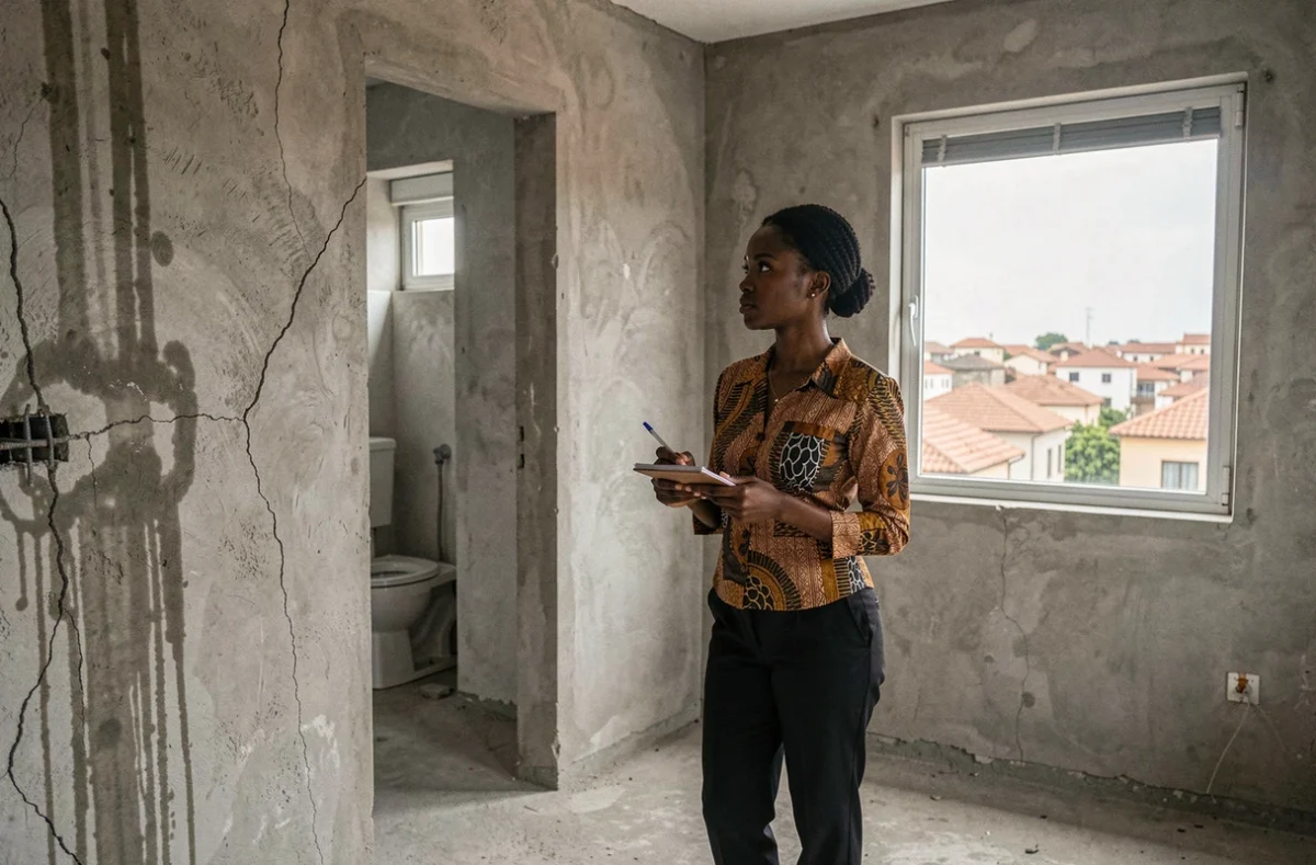 Femme inspectant les défauts d'un appartement inachevé à Dakar avant de finaliser un achat immobilier