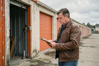 Homme inspectant le contenu d'un box de stockage avant une vente aux enchères dans un entrepôt en plein air