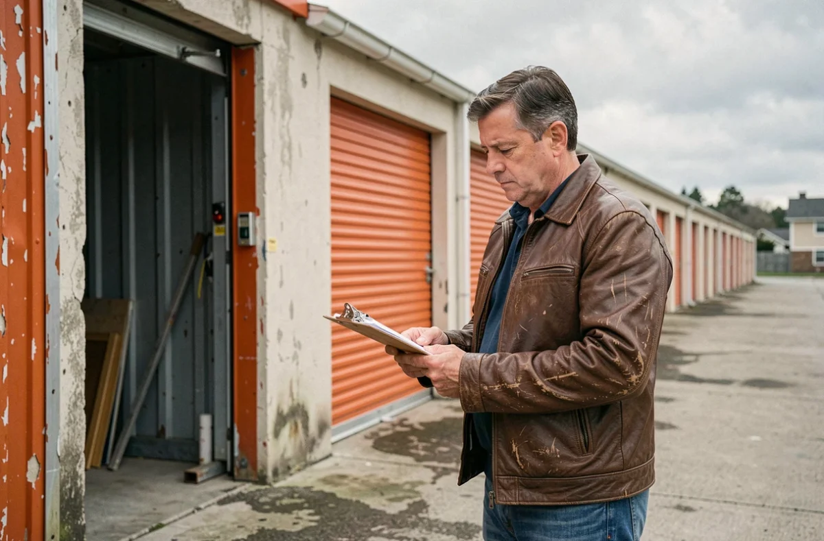 Homme inspectant le contenu d'un box de stockage avant une vente aux enchères dans un entrepôt en plein air