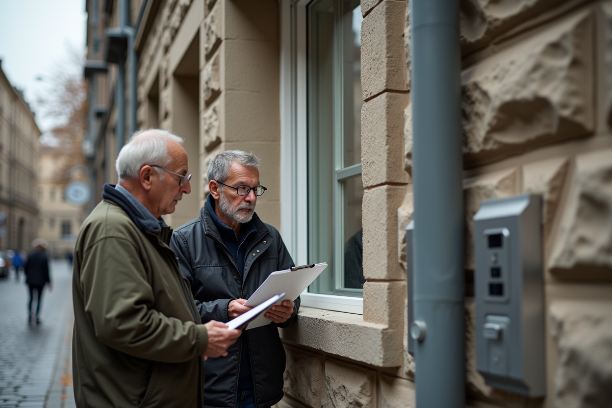 Deux hommes inspectant une nouvelle fenetre dans la rue parisienne