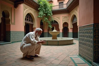 Homme inspectant les carreaux de zellige d'un riad traditionnel à vendre à Marrakech