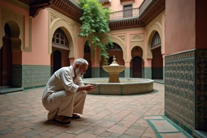 Homme inspectant les carreaux de zellige d'un riad traditionnel à vendre à Marrakech
