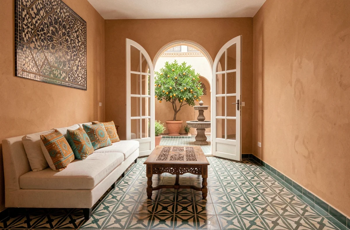 Intérieur d'un appartement à vendre à Marrakech décoré dans le style marocain avec patio privatif