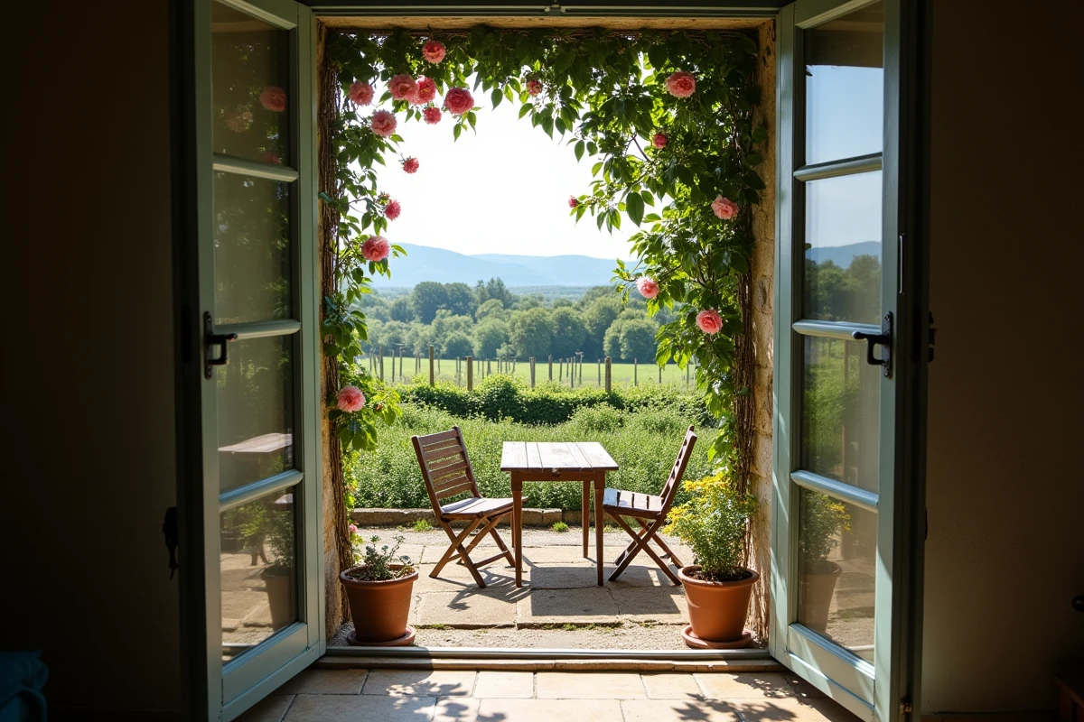 Vue depuis l'intérieur d'une petite maison de location sur un jardin privatif dans un village rural du Puy-de-Dôme