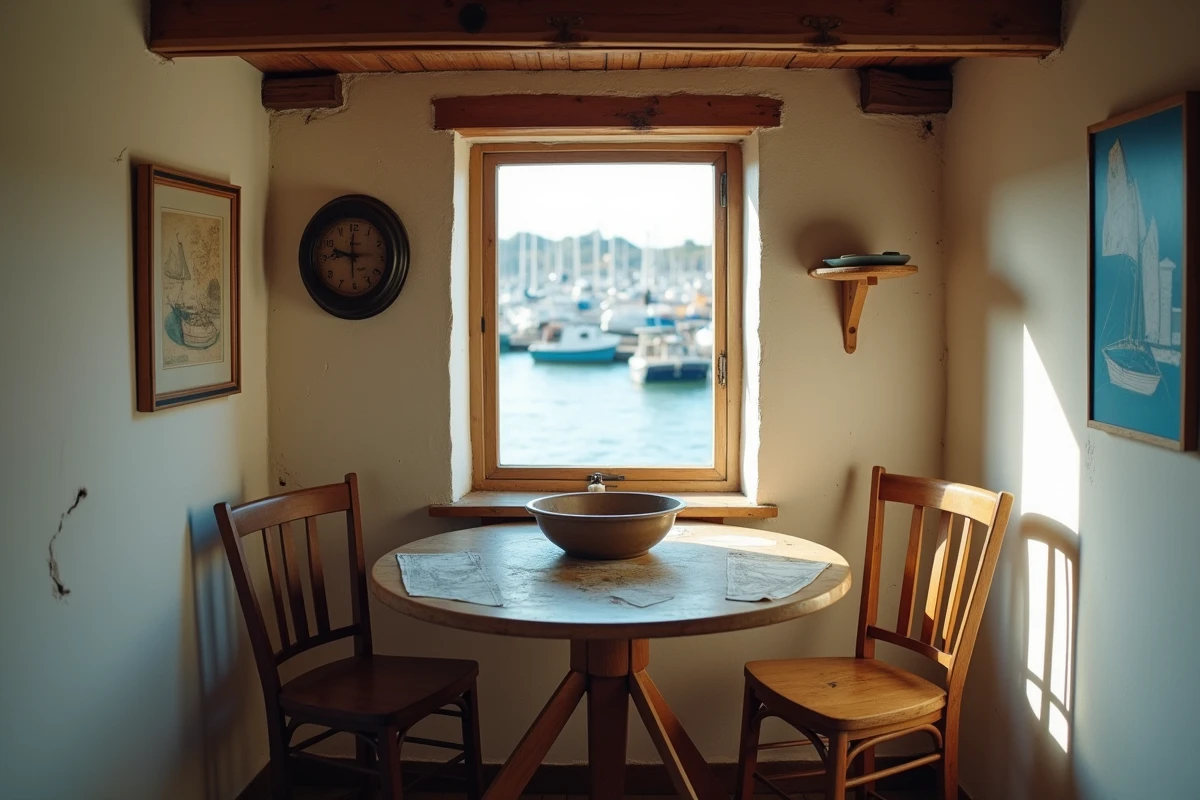 Intérieur authentique d'une petite maison de pêcheur avec poutres apparentes, table en bois et vue sur le port