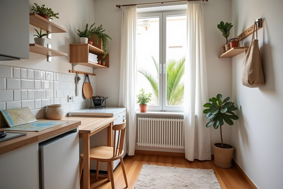 Intérieur d'un studio meublé pas cher à louer à Barcelone avec fenêtre donnant sur cour intérieure
