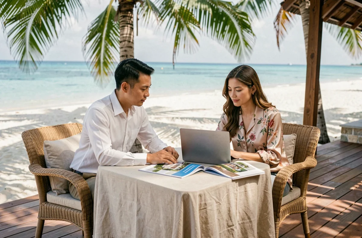Professionnels de l'immobilier en réunion sur la terrasse d'une villa en bord de mer à Koh Samui, consultant des documents d'investissement