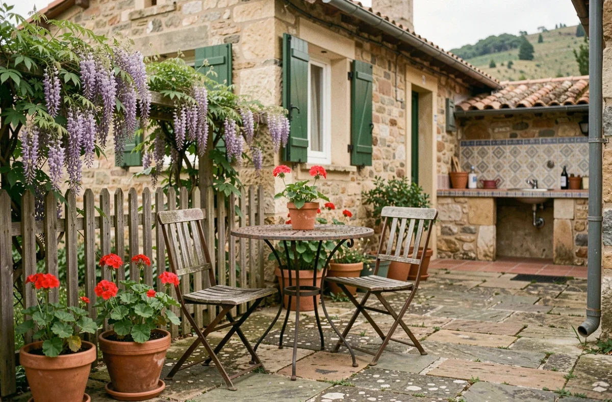 Jardin arrière d'une petite maison à louer dans un village catalan du département 66 avec mobilier de jardin rustique