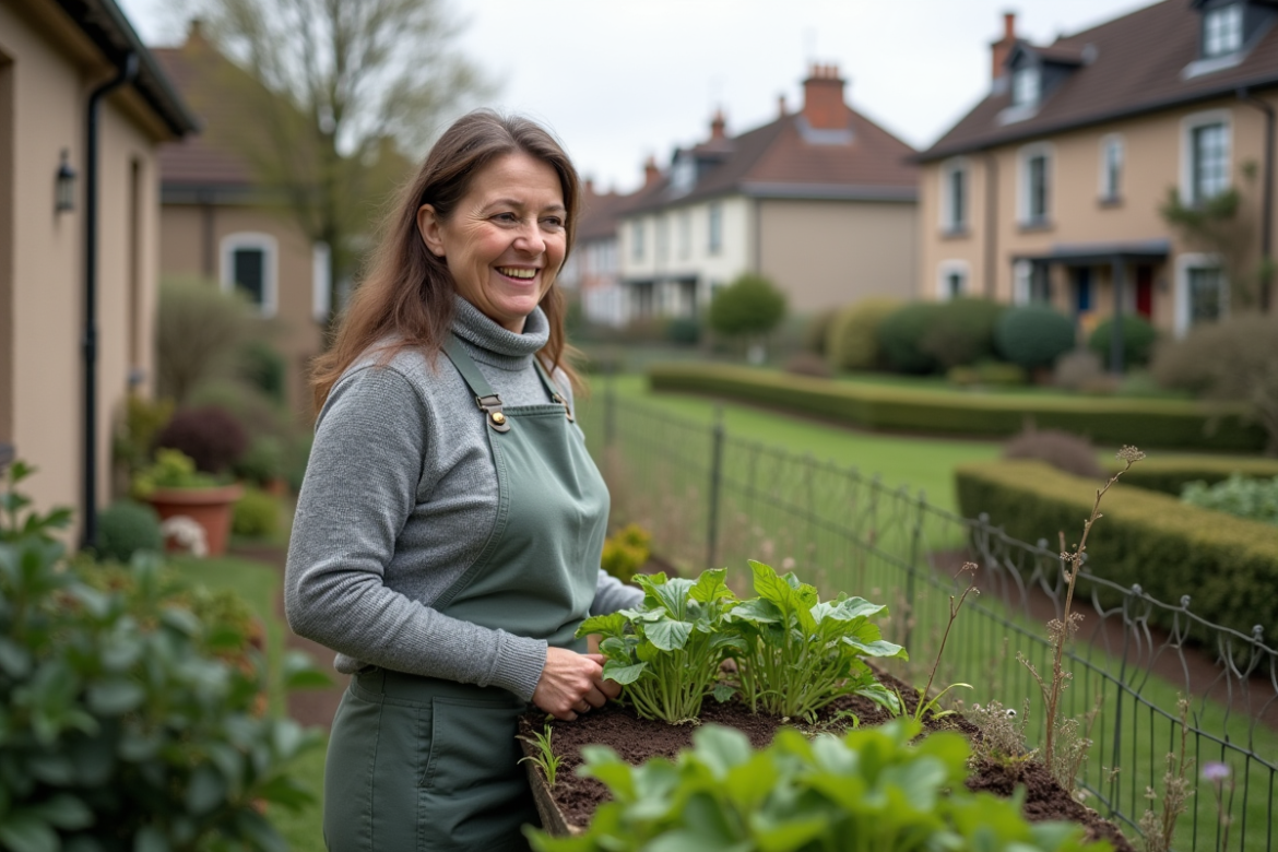 Femme d'âge moyen dans son jardin periurbain