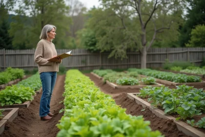 Femme au potager avec un carnet dans un grand jardin organisé