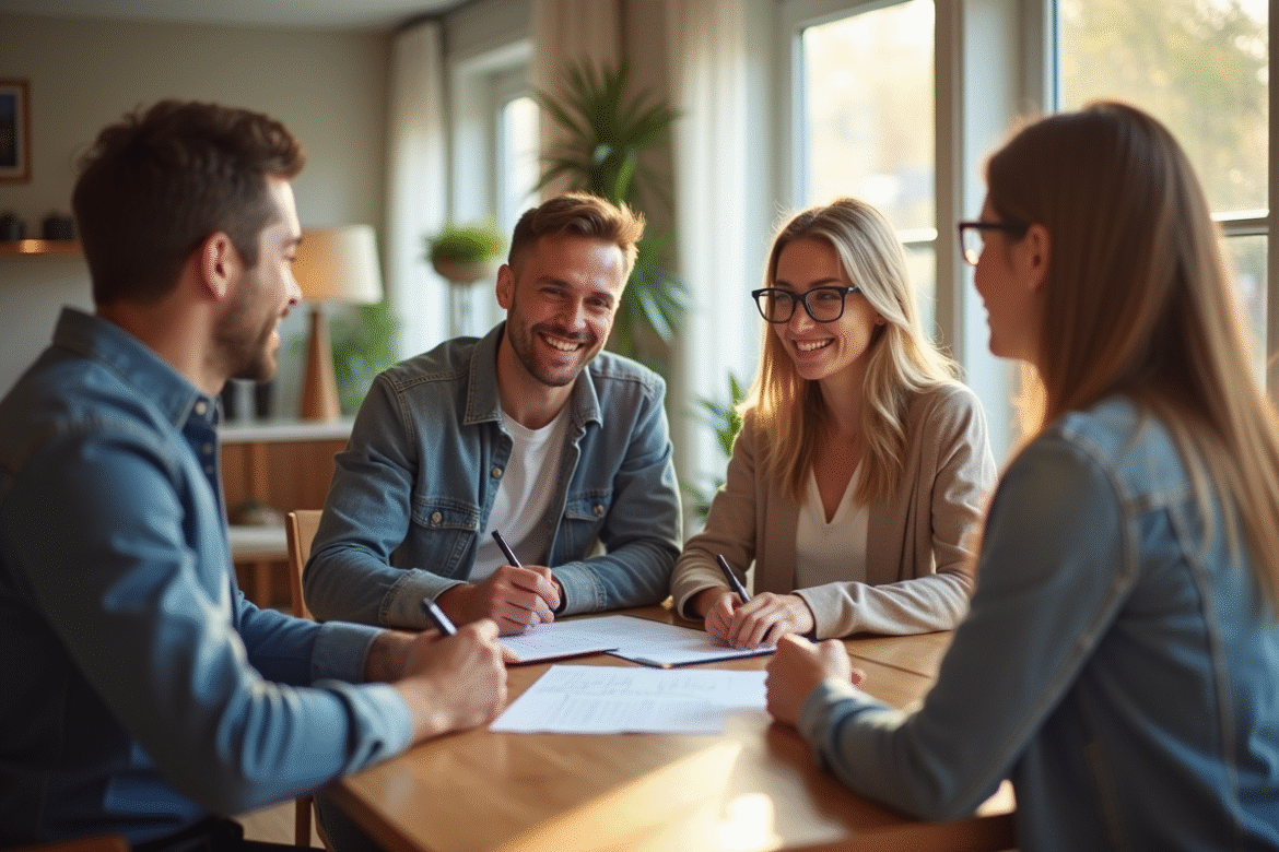 Jeune couple signant un contrat de location dans un appartement lumineux
