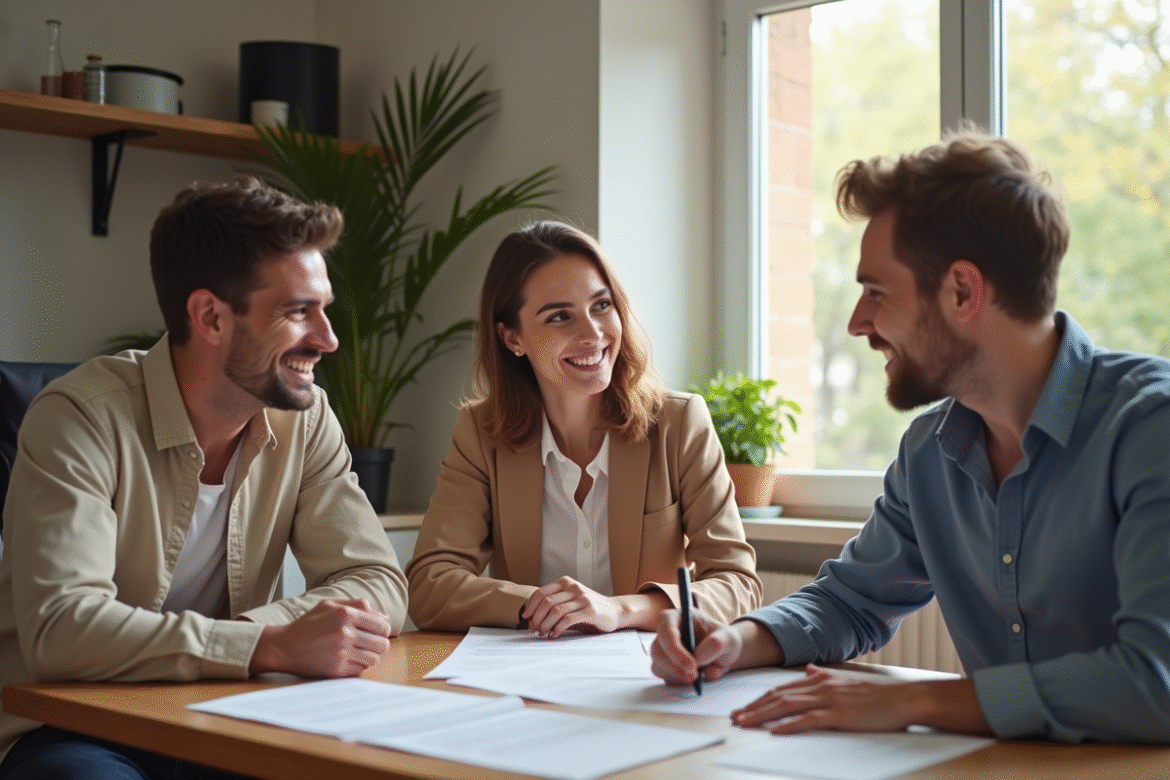 Jeune couple souriant à une table de cuisine pour louer un appartement