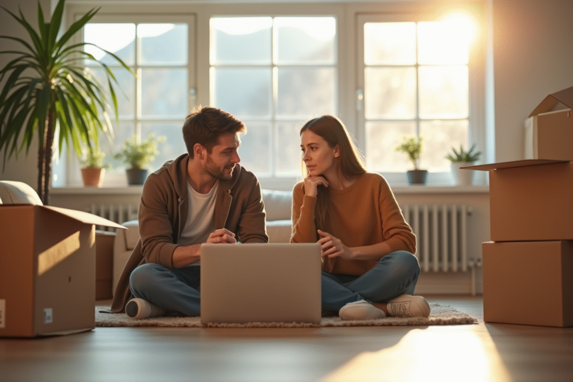 Jeune couple dans leur nouveau logement avec cartons