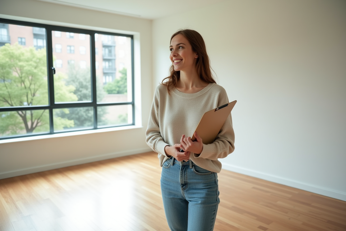 Jeune femme dans un appartement lumineux avec un carnet