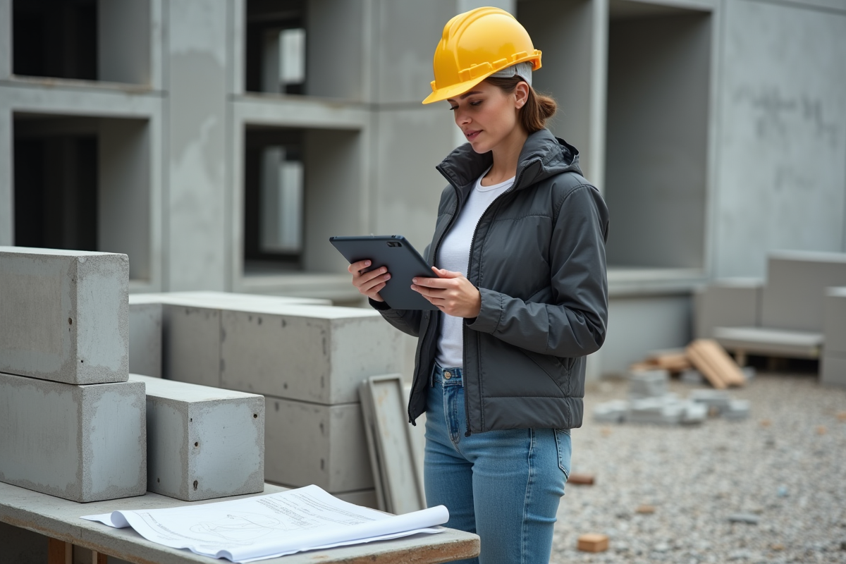 Jeune femme calculant sur une tablette sur un chantier