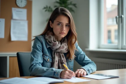 Jeune femme en bureau administratif remplissant un formulaire