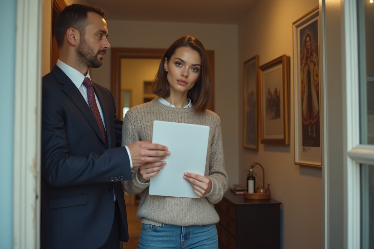 Jeune femme avec agent immobilier dans un couloir