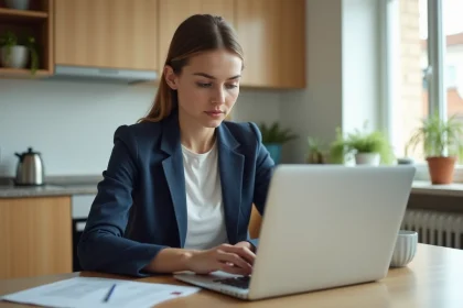 Jeune femme en blazer bleu assise à une table de cuisine moderne