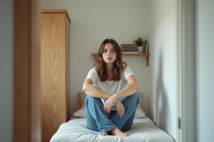 Jeune femme en t-shirt et jeans dans une chambre minimaliste