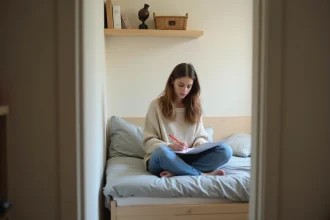 Jeune femme concentrée remplissant des papiers dans un studio parisien