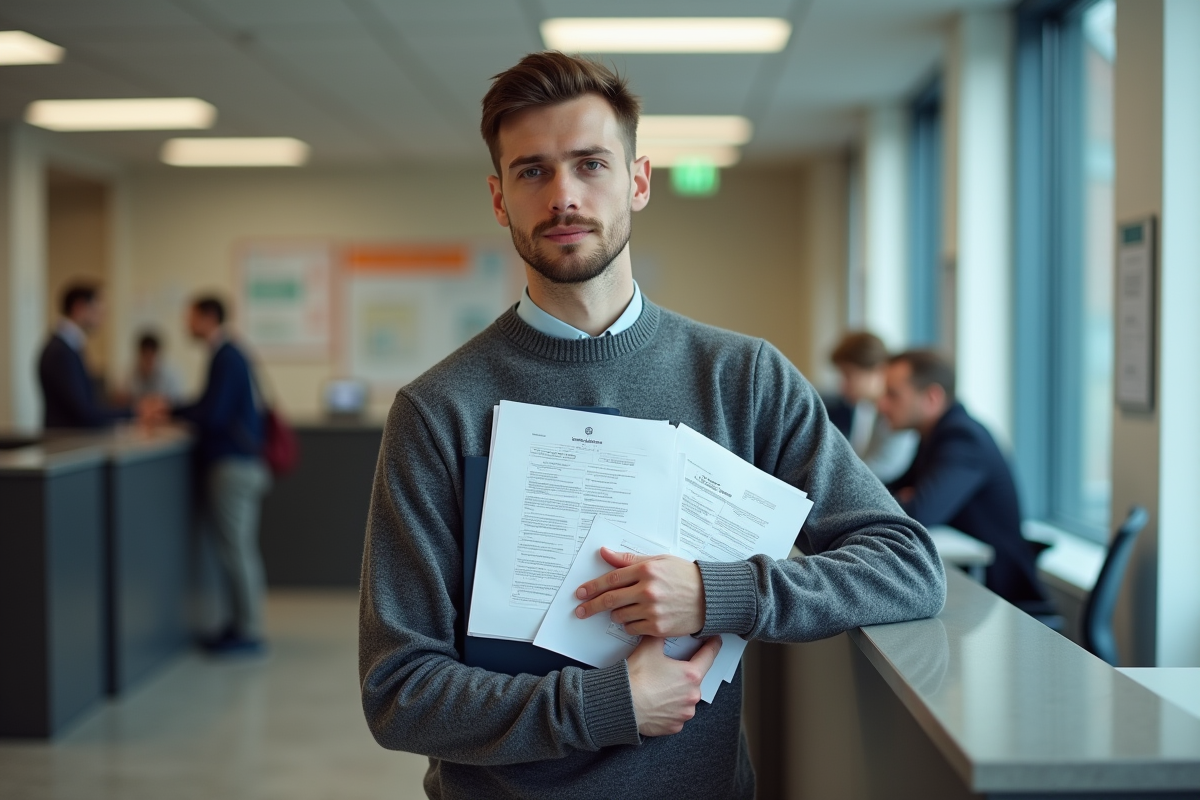 Jeune homme présentant un dossier de documents administratifs