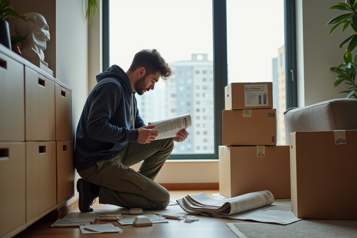Jeune homme emballant des plats dans un appartement urbain
