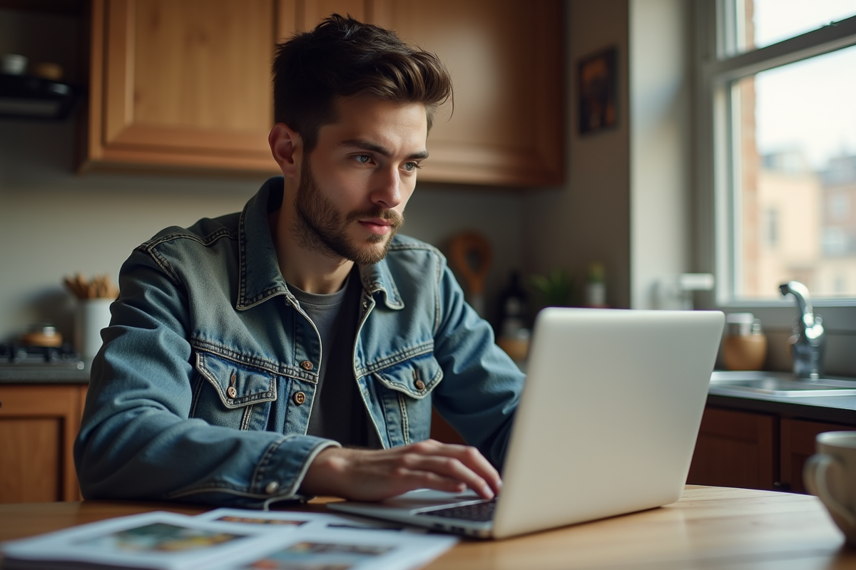Jeune homme cherchant des annonces immobilières sur son ordinateur