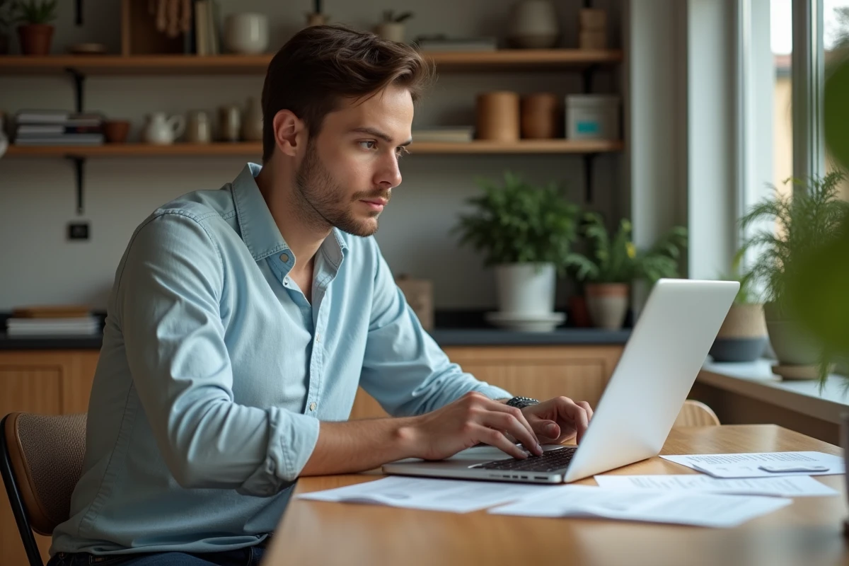 Jeune homme concentré travaillant à domicile sur un ordinateur