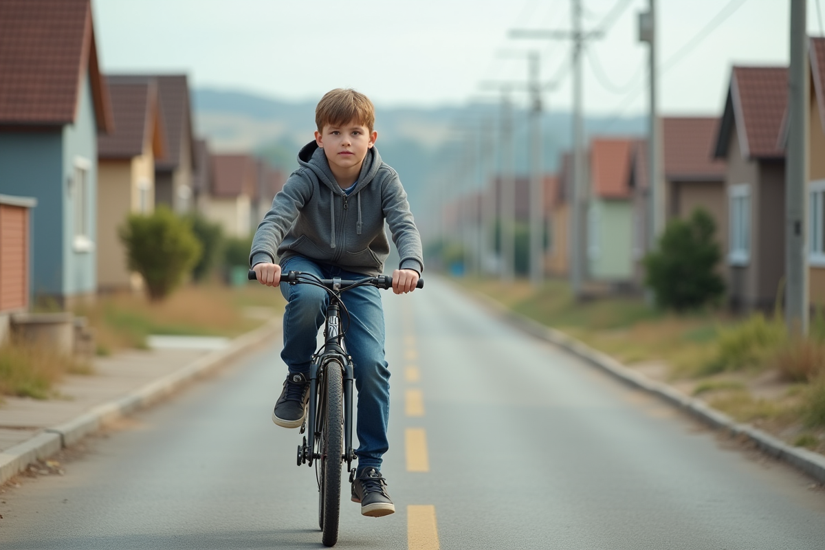 Adolescent en hoodie roulant à vélo dans une rue