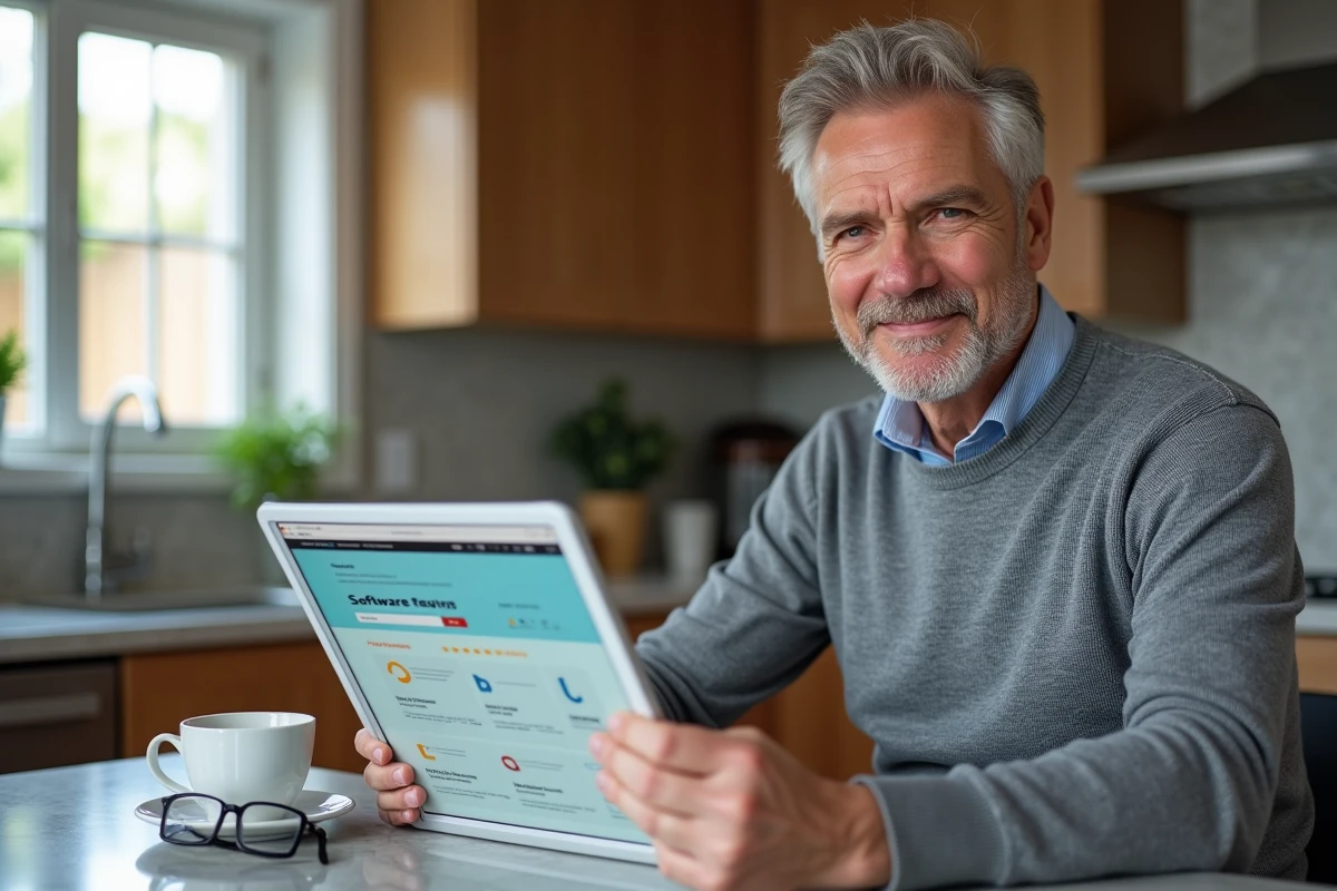 Homme mature lisant un avis complet sur un logiciel immobilier sur tablette dans une cuisine, recherche de prix avant achat