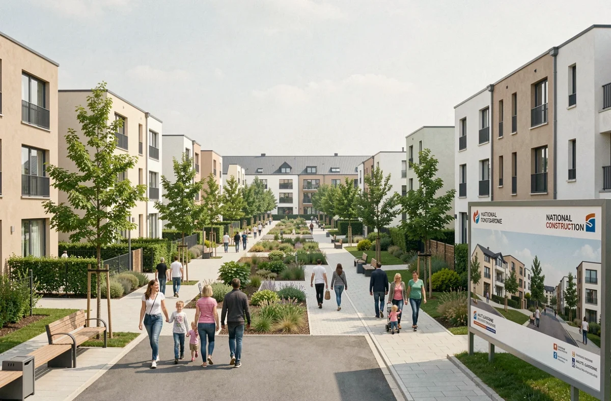 Nouveau quartier résidentiel réalisé par Les Nouveaux Constructeurs en Haute-Garonne avec promenade paysagère et familles