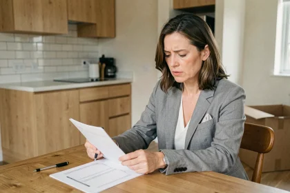 Femme vérifiant la liste du mobilier obligatoire pour une location meublée à une table en bois