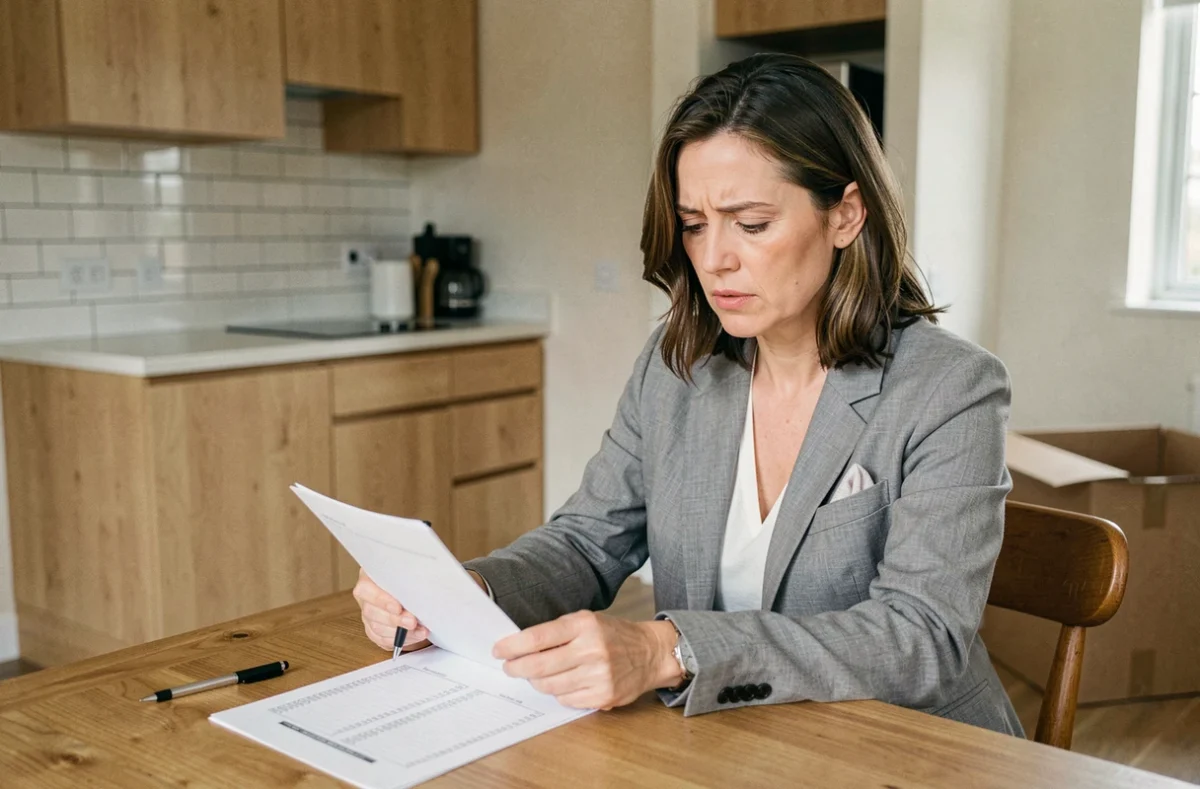Femme vérifiant la liste du mobilier obligatoire pour une location meublée à une table en bois