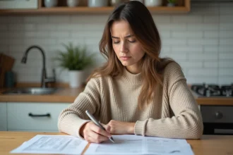 Locataire consultant ses charges récupérables et quittances de loyer à la table de sa cuisine