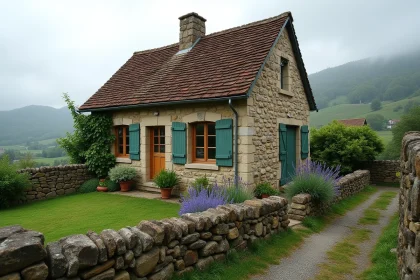 Petite maison en pierre avec jardin fleuri dans un village méconnu du Puy-de-Dôme, typique de l'habitat rural auvergnat