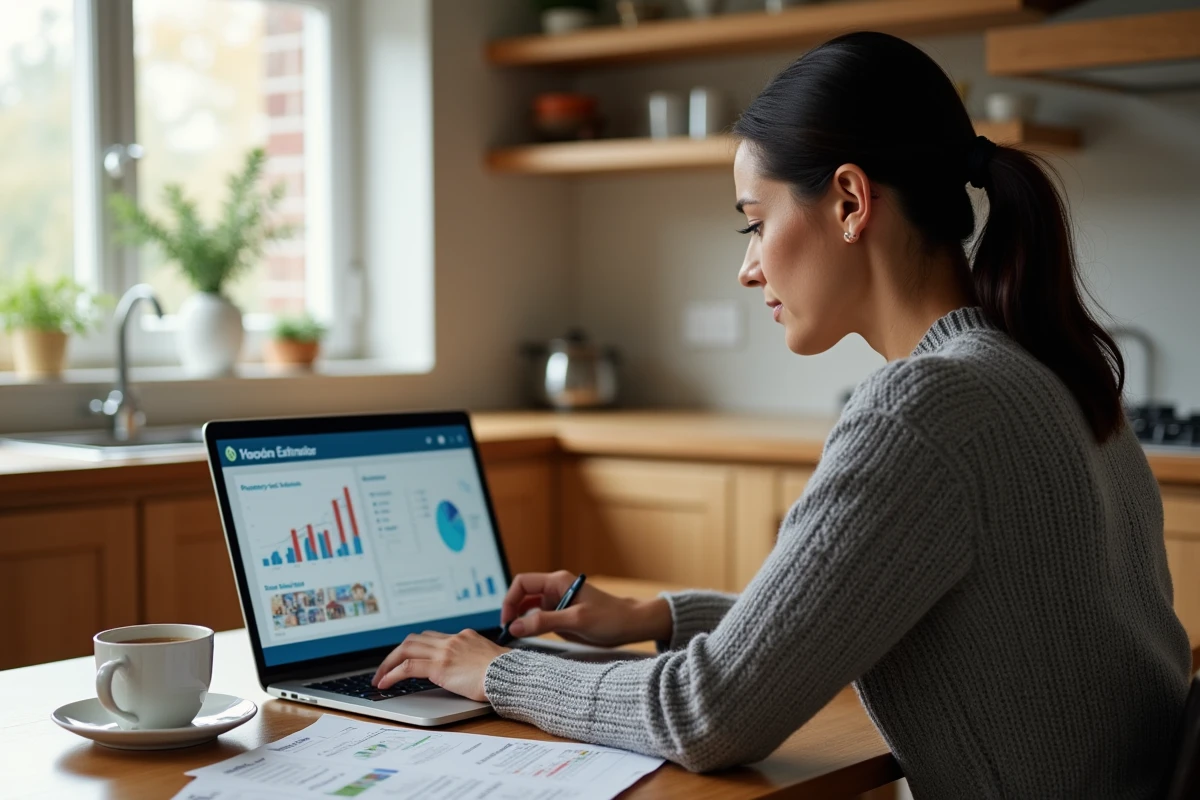 Femme utilisant un logiciel d'estimation immobilière en ligne sur ordinateur portable dans une cuisine moderne