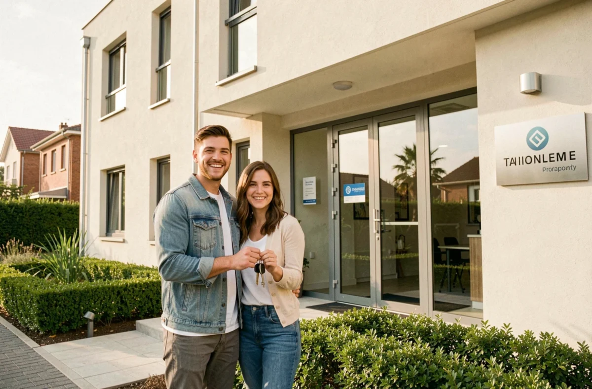 Jeune couple tenant les clés de leur nouveau logement devant une résidence neuve de LP Promotion en périphérie de Toulouse