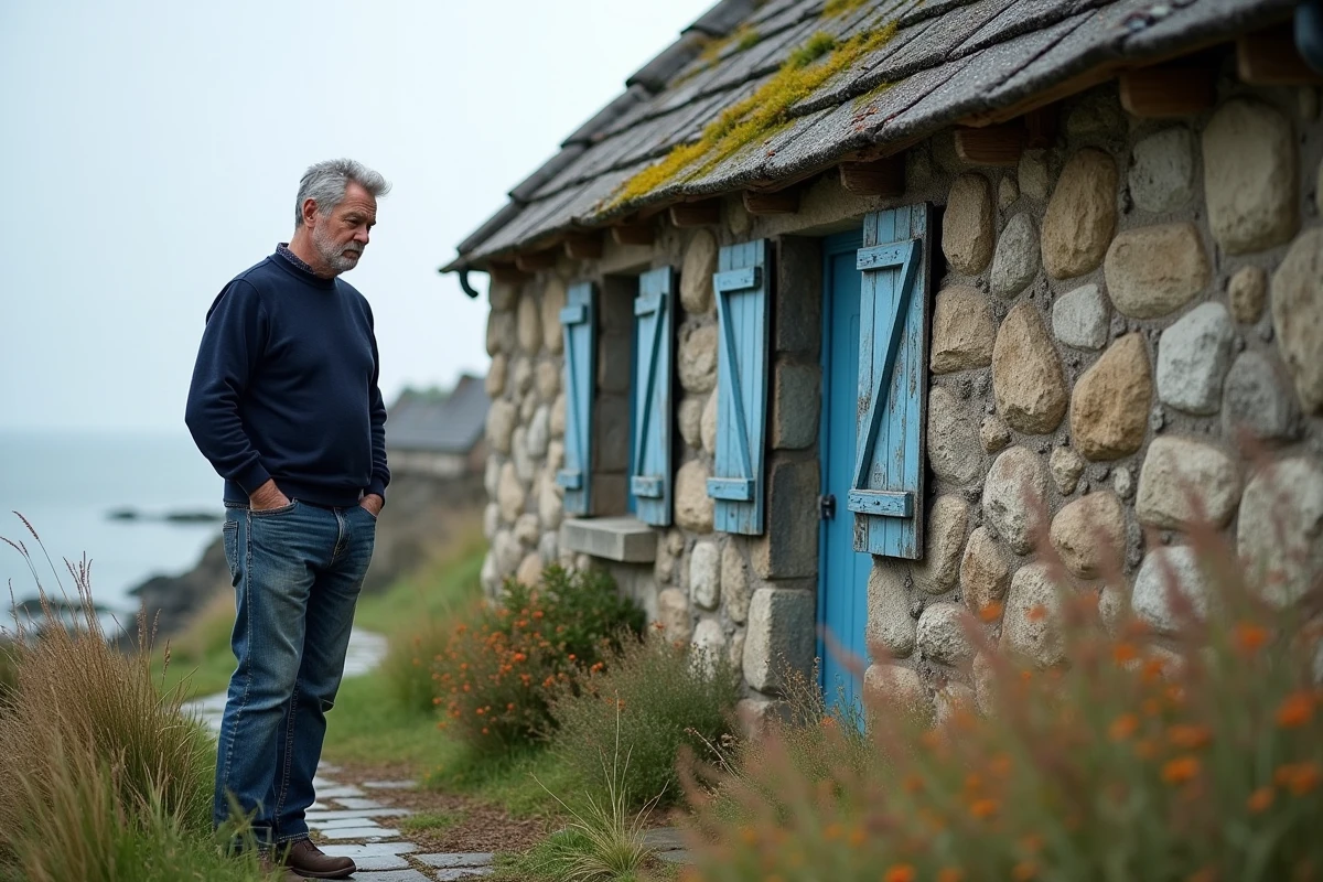Homme d'âge moyen examine un mur en pierre d'une maison bretonne