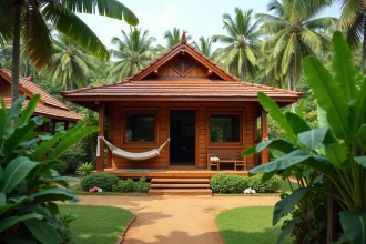 Petite maison thaïlandaise en bois avec terrasse couverte entourée de végétation tropicale dans un village rural du nord de la Thaïlande