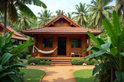 Petite maison thaïlandaise en bois avec terrasse couverte entourée de végétation tropicale dans un village rural du nord de la Thaïlande