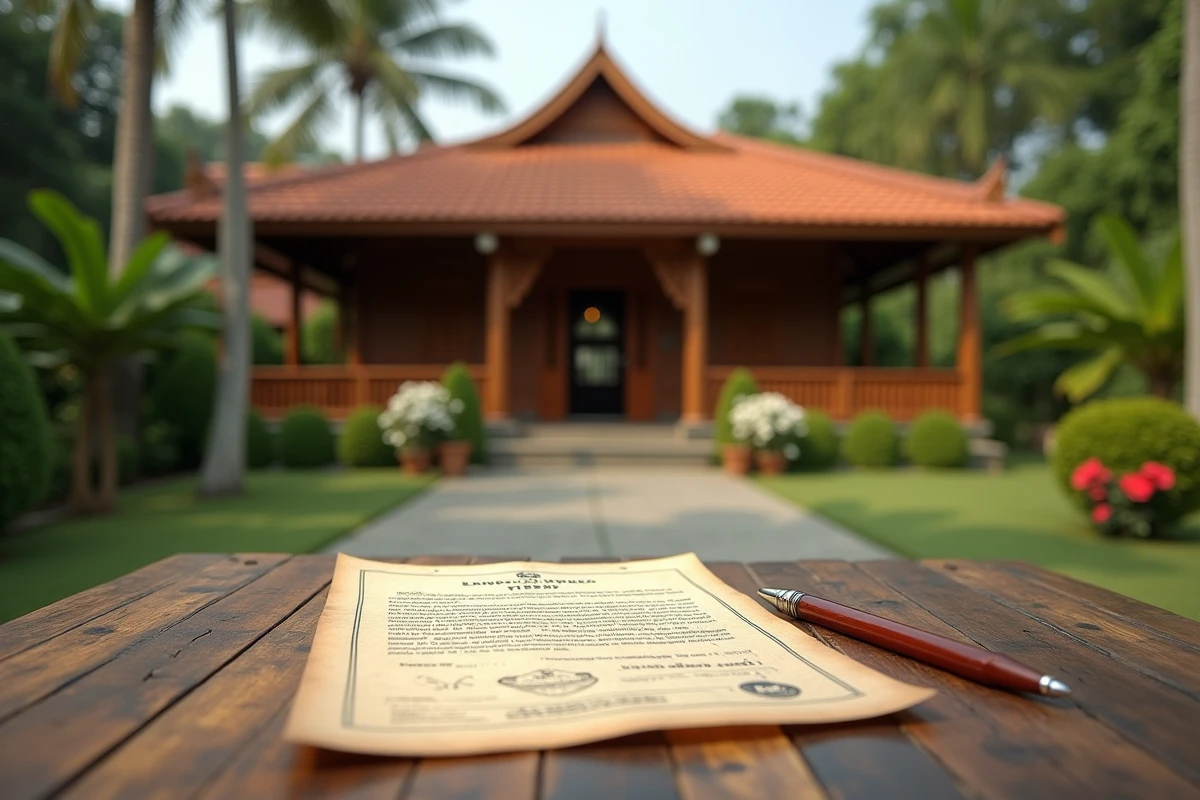 Maison traditionnelle thaïlandaise en bois avec titre de propriété foncière en premier plan à Chiang Mai