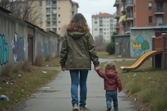 Jeune mère inquiète avec son enfant dans un quartier dégradé
