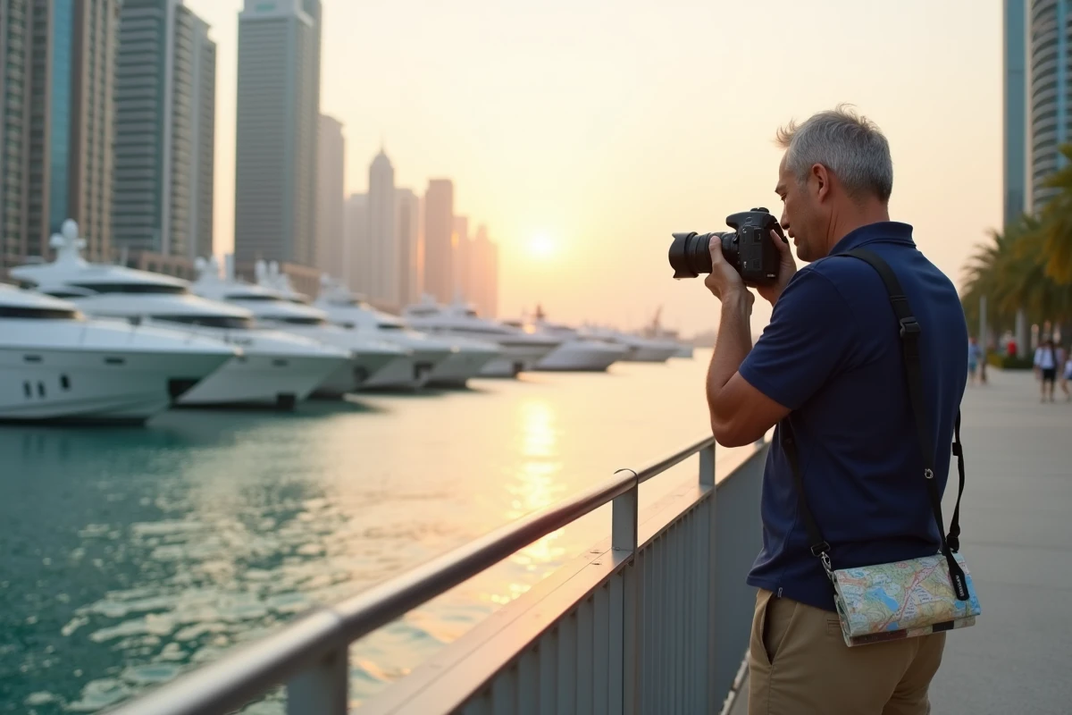 Photographe sur la promenade de la marina de Dubaï avec des yachts et des gratte-ciels en arrière-plan