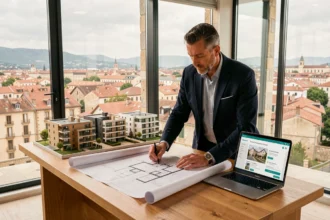 Vue d'ensemble d'un promoteur immobilier en Haute-Garonne consultant des plans architecturaux avec une vue sur la ville de Toulouse