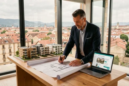 Vue d'ensemble d'un promoteur immobilier en Haute-Garonne consultant des plans architecturaux avec une vue sur la ville de Toulouse