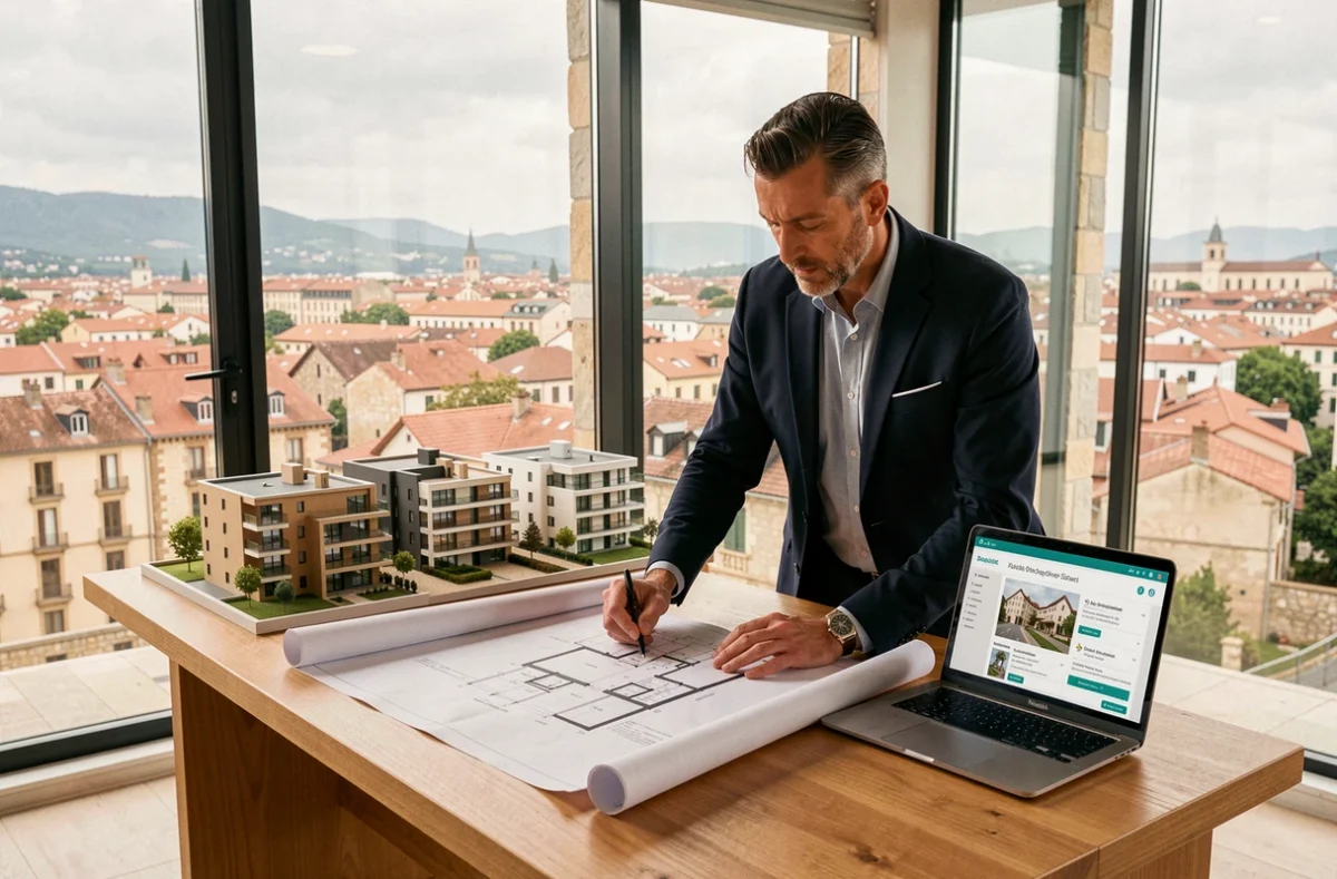 Vue d'ensemble d'un promoteur immobilier en Haute-Garonne consultant des plans architecturaux avec une vue sur la ville de Toulouse