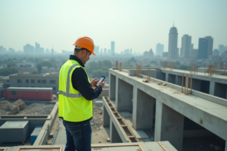 Ouvrier de construction vérifiant la qualité de l'air en extérieur