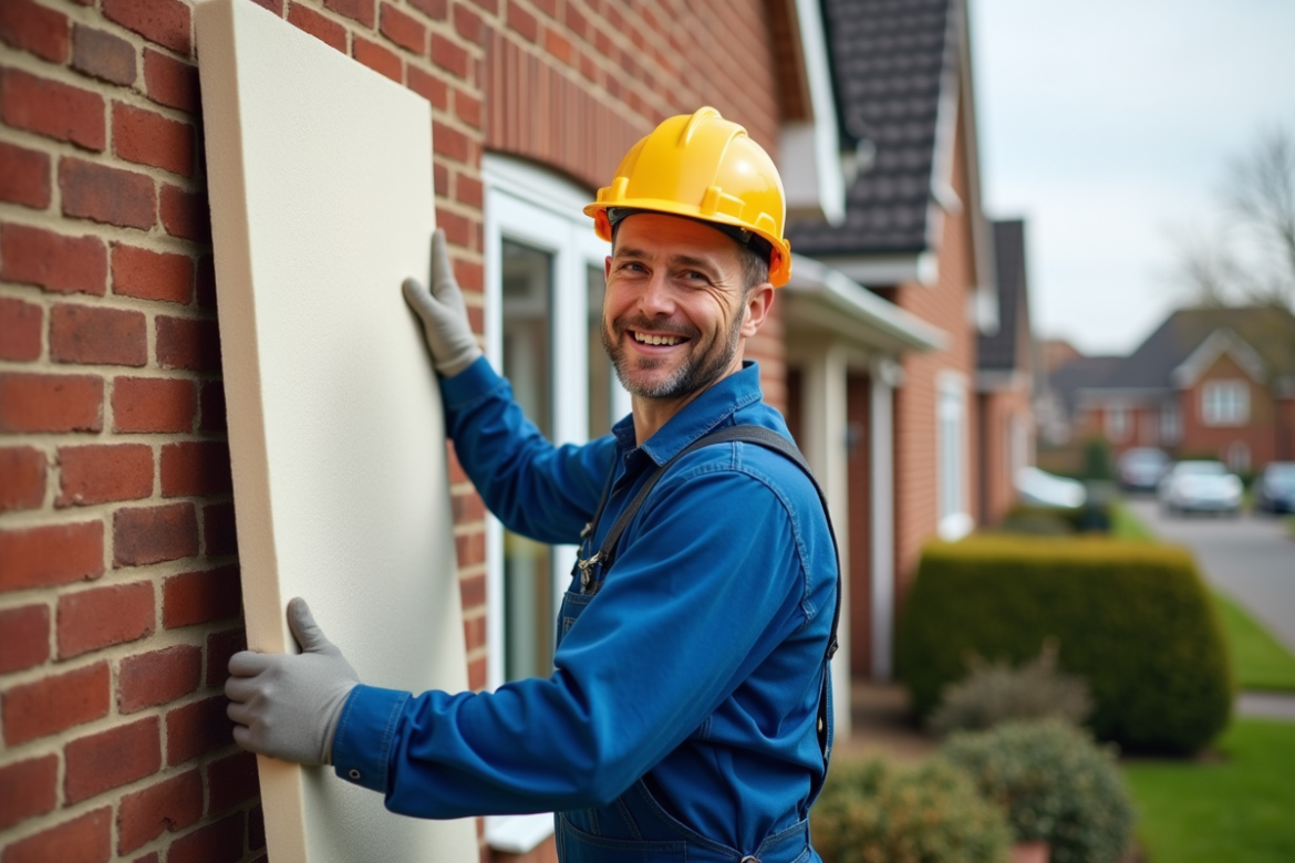Ouvrier en overalls bleus tenant une panneau d'isolation polystyrene