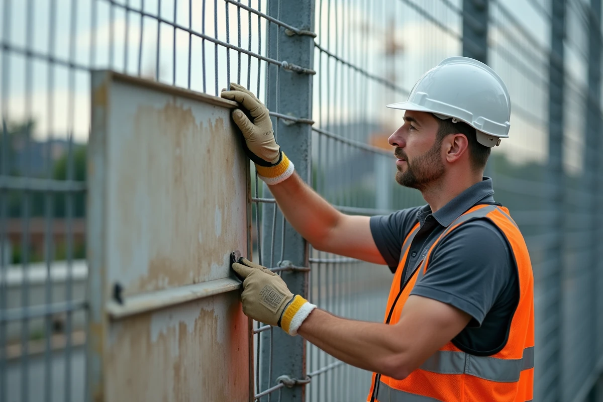 Ouvrier construction attachant panneau de reglementation