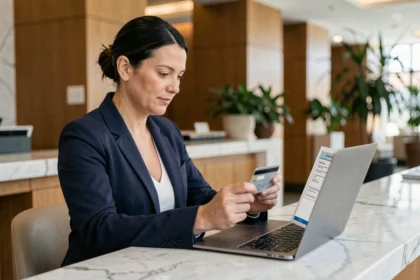 Réceptionniste d'hôtel vérifiant un paiement sécurisé Book and Pay sur un ordinateur portable à la réception